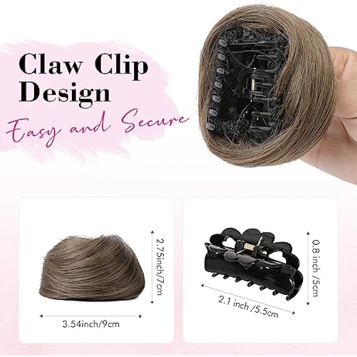 REECHO 2 PCS Mini Claw Clip in Messy & Cat Ears Hair Bun Extensions Wig Accessory Updo Hairpieces for Women Girls (Pack of 2-3 Straight, Ash Light Brown) - Image 2